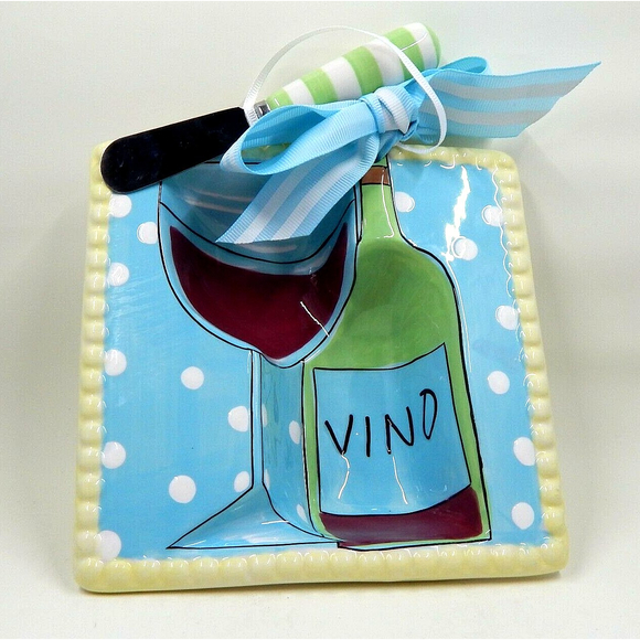 Mudpie Vino Cheese Bowl Appetizer Dip Spread And Spreader Pastel With Polka Dots - Picture 1 of 10